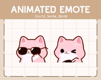 Könnte beinhalten: Zwei animierte Emoticons mit rosa Katzen. Eine Katze trägt eine Sonnenbrille, die andere zwinkert. Der Text "ANIMATED EMOTE" steht oben, mit Größenangaben. Der Etsy-Shop-Name "Nipchiz" steht unten.