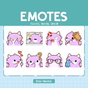 Emotes de dragon violet en streaming | Emoji animaux kawaii | (8) Pack d'émoticônes dragon violet mignon