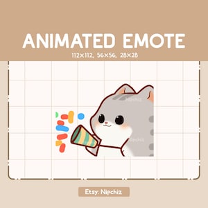 Animated Emote Cute Gray Tabby Cat Celebrating The Moment With His Party Popper / Adorable Chibi Emote / Cartoon Emote for Streaming