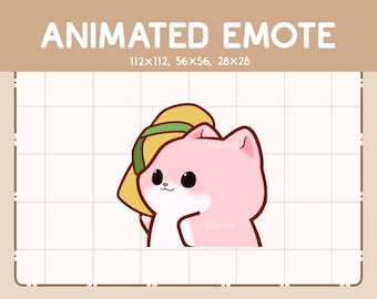Puede incluir: Emoticono animado de un gato rosa con un sombrero amarillo con una cinta verde. El gato mira hacia la derecha y tiene una cara blanca con ojos negros y una pequeña nariz negra. El emoticono está disponible en tres tamaños: 112x112, 56x56 y 28x28.