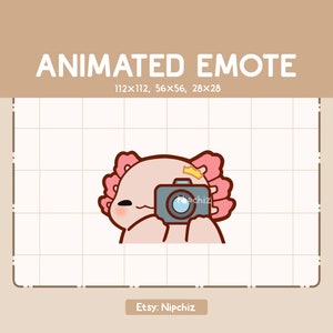 Animiertes Emote Chibi Axolotl macht ein Foto mit seiner Kamera - Emote zum Streamen - sofort einsatzbereit
