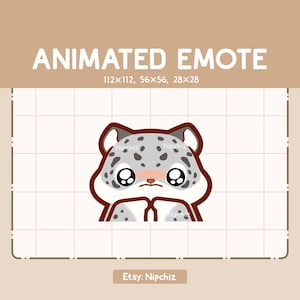 May include: An animated emote featuring a cartoon snow leopard with a sad expression. The design includes gray spots, large eyes, and a pink blush. Text at the top reads "ANIMATED EMOTE" with size dimensions. The Etsy shop name "Nipchiz" is also displayed.
