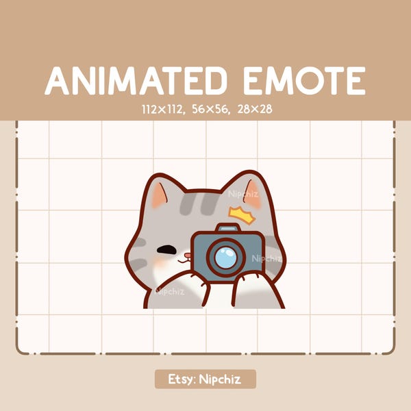 Emote animado: Gato atigrado gris chibi tomando una foto con su cámara / Emote lindo kawaii / Listo para usar / Emote para transmisión