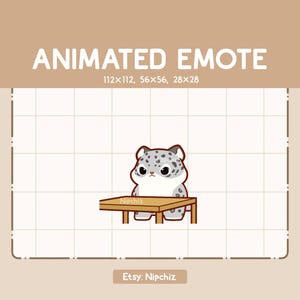 May include: Animated emote of a gray and white snow leopard sitting at a small wooden table. The snow leopard has a sad expression on its face.
