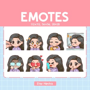Girl Emote Bundle / Long Straight Black Hair Emotes for Streaming / 8 Cute Girl Emotes / Brown Eyes | Emoji Pack