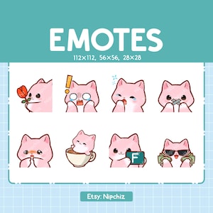 Chibi Pink Cat Emotes for Streamer (8) - Kawaii Cute Pink Cat - Emoji Pack for Streaming