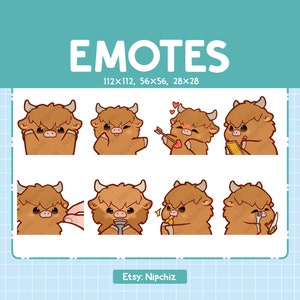 Highland Kuh Emotes / 8 Süßes Highland Kuh Bundle / Emotes für Streamer Kawaii Emoji Pack