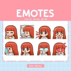 Chibi Girl Emotes for Streaming / Straight Red Hair with Bangs – Brown Eyes (8) Kawaii Emotes / Cute Girl Emote Bundle