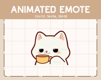 Animated Emote White Cat is Sipping a Cup of Tea / Kawaii Cute Emote / Ready to Use / Emote for Streaming