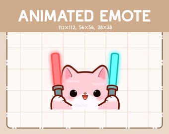 Könnte beinhalten: Animiertes Emoji einer rosa Katze, die zwei Lichtschwerter hält, eines rot und eines blau. Die Katze lächelt und hat große Augen. Der Text "Nipchiz" erscheint dreimal auf dem Bild. Der Text "ANIMATED EMOTE" erscheint oben auf dem Bild. Der Text "112x112, 56x56, 28x28" erscheint unter dem Text "ANIMATED EMOTE". Der Text "Etsy: Nipchiz" erscheint unten auf dem Bild.