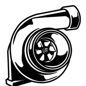 Può includere: Illustrazione in bianco e nero di un turbocompressore, un dispositivo meccanico utilizzato per aumentare la potenza di un motore. Il design presenta un alloggiamento turbina, una girante centrale e un ingresso di scarico.