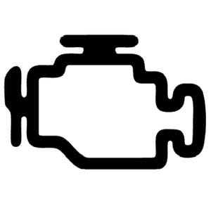 Może przedstawiać: Czarno-biała ikona silnika, powszechnie używana jako kontrolka ostrzegawcza na desce rozdzielczej. Grafika przedstawia obrys silnika, wskazując na potencjalny problem mechaniczny. Projekt jest prosty i łatwo rozpoznawalny.