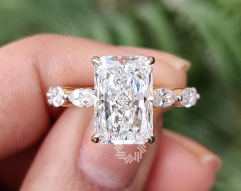 Anillo de compromiso de moissanita de corte radiante de 5 quilates, anillo de oro macizo de 14 quilates, anillo con pavé marquesa, anillo con halo oculto, anillo de promesa, anillo de propuesta para ella