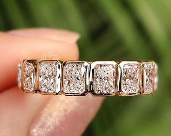 2.20 TCW Radiant Cut Lab Grown Diamond Wedding Band, 14K Solid Gold Bezel Band, 3/4 Eternity Band, Matching Band, Stackable Band For Her
