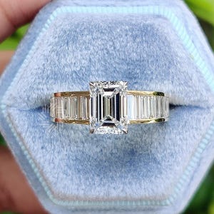 2.5 CT Emerald Cut Moissanite Engagement Ring, 14K Solid Gold Ring, Channel Set Baguette Ring, Huge Diamond Ring, Wedding Ring For Her