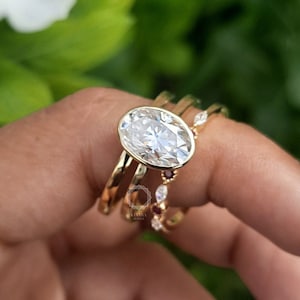 3ct Oval Bezel Moissanite Engagement Ring Set Three Pieces Ring Set 14K Solid Gold Bezel Ring Trio Ring Set Bridal Ring Set Handmade Jewelry
