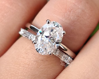2.25 CT Oval Cut Moissanite Engagement Ring Set, 925 Sterling Silver Ring Set, Solitaire Ring / Half Eternity Band, Bridal Wedding Ring Set