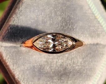 East West Ring, 1.5 CT Marquise Cut Moissanite Engagement Ring, 14K Solid Gold Ring, Bezel Set Ring, Solitaire Ring, Promise Ring For Women
