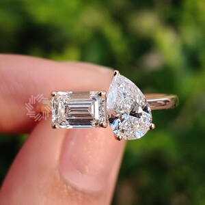 Toi Et Moi Ring, Pear And Emerald Cut Moissanite Engagement Ring, 14K Solid Gold Ring, Two Stone Ring, You And Me Ring, Promise Ring For Her