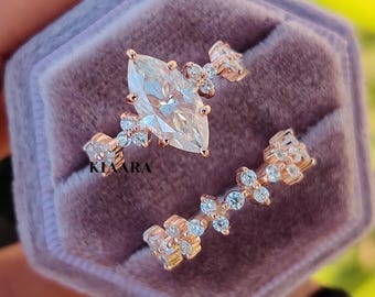 1.5 CT Marquise Cut Moissanite Engagement Ring Set, 14K Solid Gold Ring Set, Bridal Ring Set, Wedding Ring Set, Anniversary Gift For Her