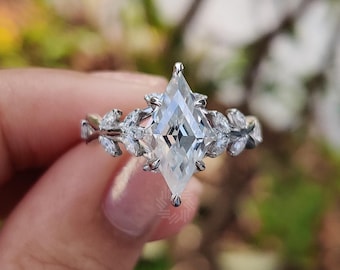 3 CT Lozenge Cut Moissanite Engagement Ring, 14K Solid White Gold Ring, Cluster Ring, Wedding Ring, Promise Ring, Proposal Ring Gift For Her