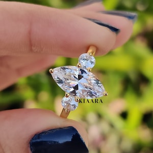 2.5 CT Marquise Cut Moissanite Engagement Ring 14K Solid Yellow Gold Ring, Three Stone Ring, Trilogy Ring, Minimalist Ring, Anniversary Gift