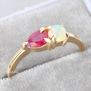 Toi Et Moi Ring, 1.25 CT Pear Ruby And Opal Engagement Ring, 14K Solid Gold Ring, Two Stone Ring, Wedding Ring, Anniversary Gift For Her