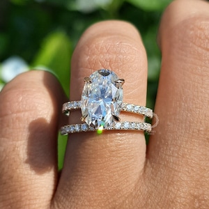 3 CT Oval Cut Moissanite Engagement Ring Set, 14K Solid Gold Ring Set, Hidden Halo Ring, Full Eternity ring Set, Stackable Ring Set For Her