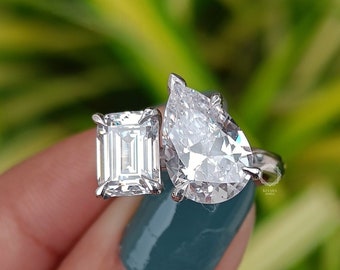 Toi Et Moi Ring, Pear And Emerald Cut Colorless Moissanite Engagement Ring, Two Stone Ring, 14K Gold Promise Ring For Her, Anniversary Gift