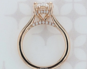 Moissanite Diamond Pave Bridge Setting Ring, 2.50 CT Oval Cut Ring, Hidden Halo Ring, Cathedral Setting Ring, 14K Rose Gold Wedding Ring