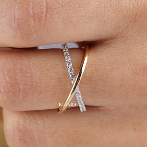 Crossover Band, Round Cut Lab Grown Diamond Wedding Band, 14K Solid Yellow Gold Band, X Band, Stackable Band, Anniversary Gift For Her