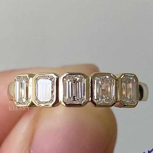 Five Stone Ring Emerald Cut Bezel Moissanite Engagement Ring Half Eternity Band Stacking Ring 14K Yellow Gold Ring Anniversary Gift For Her