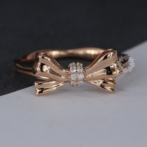0.2 CT Round Cut Moissanite Engagement Ring, 14K Solid Rose Gold Ring, Knot Ring, Bow Tie Ring, Twisted Rope Band Ring, Gift For Her