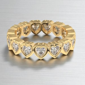 Aliança de casamento de moissanita com corte em coração 1,55 TCW, ouro amarelo maciço 14K, aliança para eternidade completa, aliança com engaste, aliança empilhável, aliança combinando