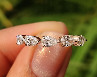 East West 1 TCW - Anello nuziale con diamanti taglio a pera coltivati in laboratorio, anello in oro massiccio 14 carati, anello mezza eternità, anello impilabile, anello abbinato, regalo per lei