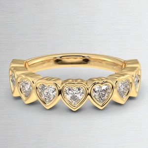 Aliança de casamento de moissanita com lapidação em coração 0,93 TCW, aliança em ouro amarelo maciço 14K, aliança meia eternidade, aliança com engaste, aliança empilhável, presente para ela