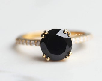 8 mm Round Cut Black Onyx Diamond Engagement Ring, Double Prong Ring, 14K Yellow Gold Ring, Anniversary Gift, Promise Ring, Micropave Band