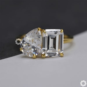Toi et Moi Ring, 4.75 TCW Pear And Emerald Cut Moissanite Ring, 14K Solid Yellow Gold Ring, Two Stone Ring, Statement Ring, Anniversary Gift