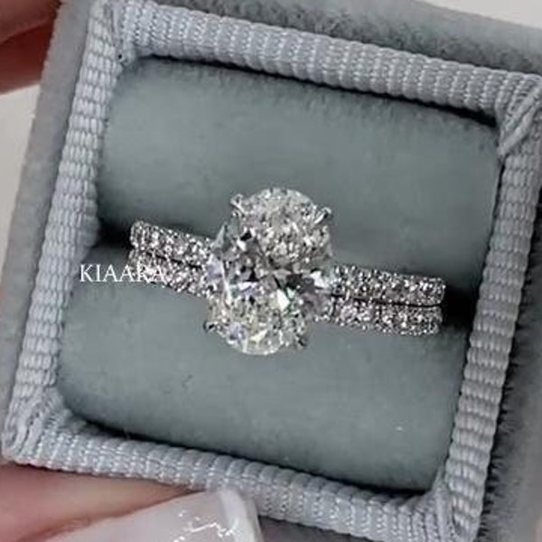 2.5 CT Oval Moissanite Engagement Ring Set, 14K White Gold Hidden Halo Bridal Set