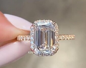 2.5 CT Emerald Cut Halo Moissanite Engagement Ring, 14K Solid Gold Ring, Hidden Halo Ring, Pave Set Ring, Proposal Ring, Anniversary Gift