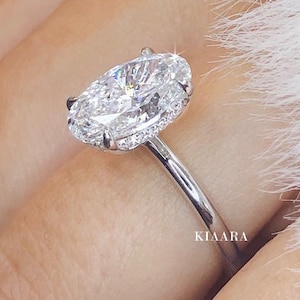 3 CT Oval Cut Moissanite Engagement Ring, Solitaire 14K Solid Gold Ring, Hidden Halo Ring, Hailey Bieber Ring, Dainty Ring For Women