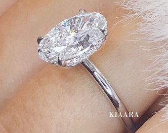 3 CT Oval Cut Moissanite Engagement Ring, Solitaire 14K Solid Gold Ring, Hidden Halo Ring, Hailey Bieber Ring, Dainty Ring For Women