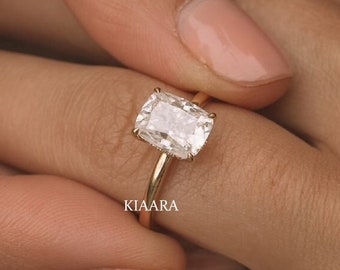 2 Karat länglicher Moissanit-Verlobungsring im Kissenschliff, Solitärring aus 14 Karat massivem Gelbgold, versteckter Heiligenscheinring, Brautgeschenkring, Versprechensring