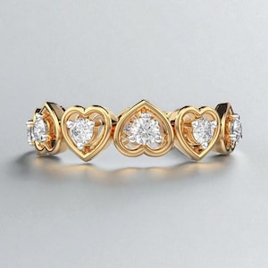 Aliança de casamento de moissanita com corte redondo 0,450 TCW, aliança de ouro amarelo maciço 14K, aliança com batimentos cardíacos, aliança para a eternidade, aliança combinando, aliança com engaste