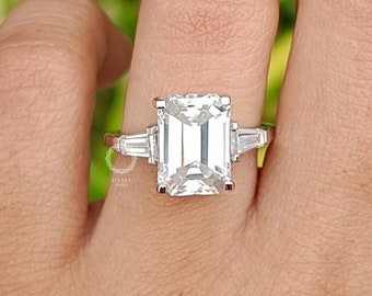 4 CT Emerald Cut Moissanite Engagement Ring, 14K Solid White Gold Ring, Three Stone Ring, Wedding Ring, Trilogy Ring, Proposal Ring For Her
