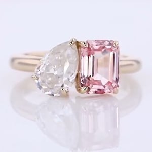 Toi Et Moi Ring, 2.00 CT Pear And Pink Emerald Cut Moissanite Engagement Ring, 14K Solid Gold Ring, Two Stone Promise Ring, Birthstone Ring