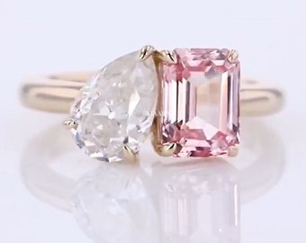 Toi Et Moi Ring, 2 CT Pear And Pink Emerald Cut Moissanite Engagement Ring, 14K Solid Gold Ring, Two Stone Ring, Stackable Ring For Her