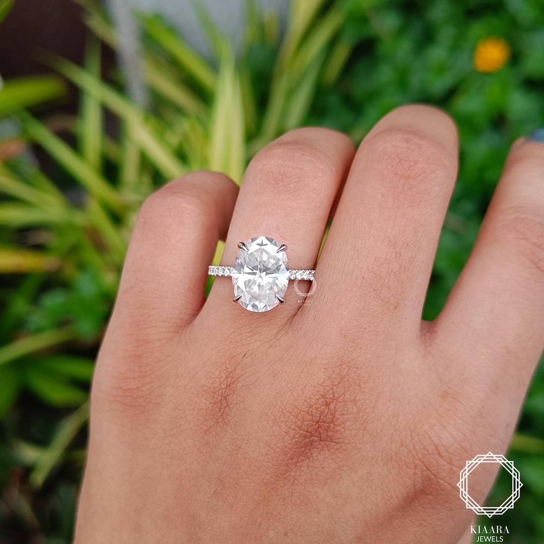 3 CT Oval Cut Moissanite Engagement Ring, 14K Solid Gold Ring, Hidden ...