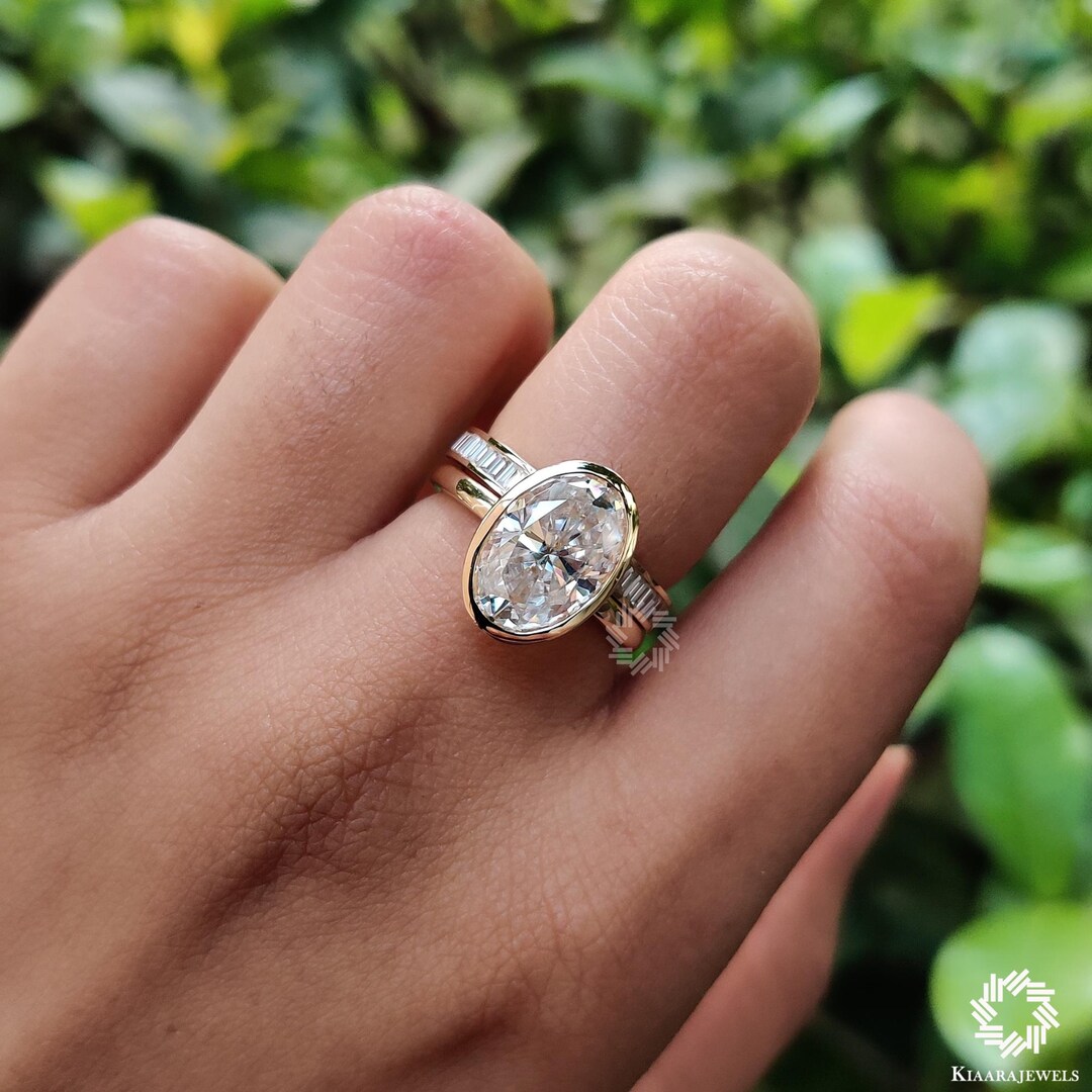 3 CT Oval Cut Moissanite Engagement Ring Set, 14K Solid Gold Ring Set ...