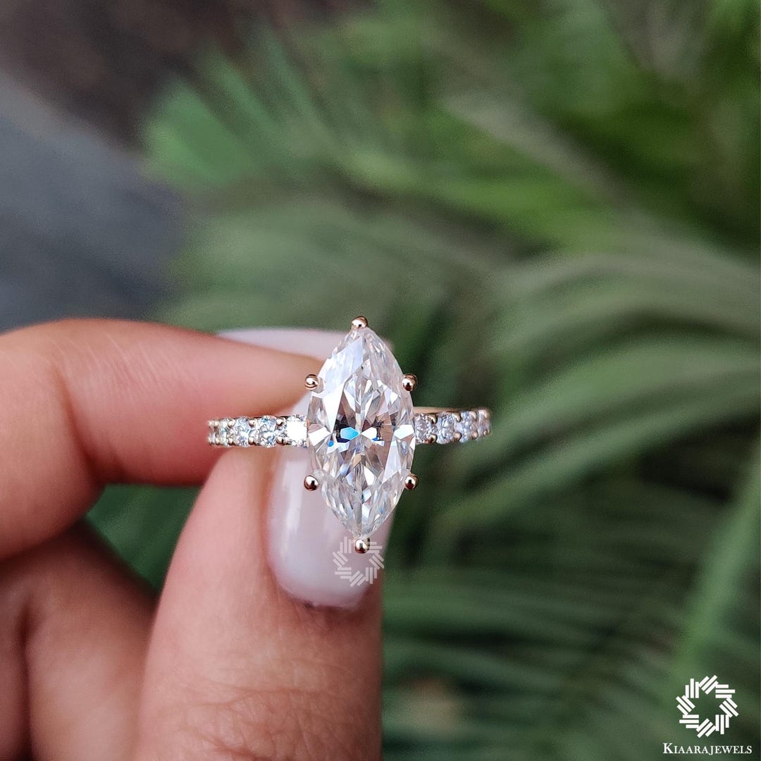 Marquise Cut Lab Grown Engagement Ring, 14K Solid Gold Ring, Pave ...